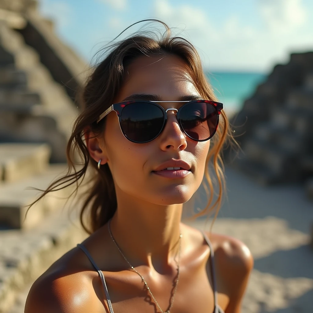 Latin woman, 18 years, Sunglasses, Naked in the ruins of Tulum
