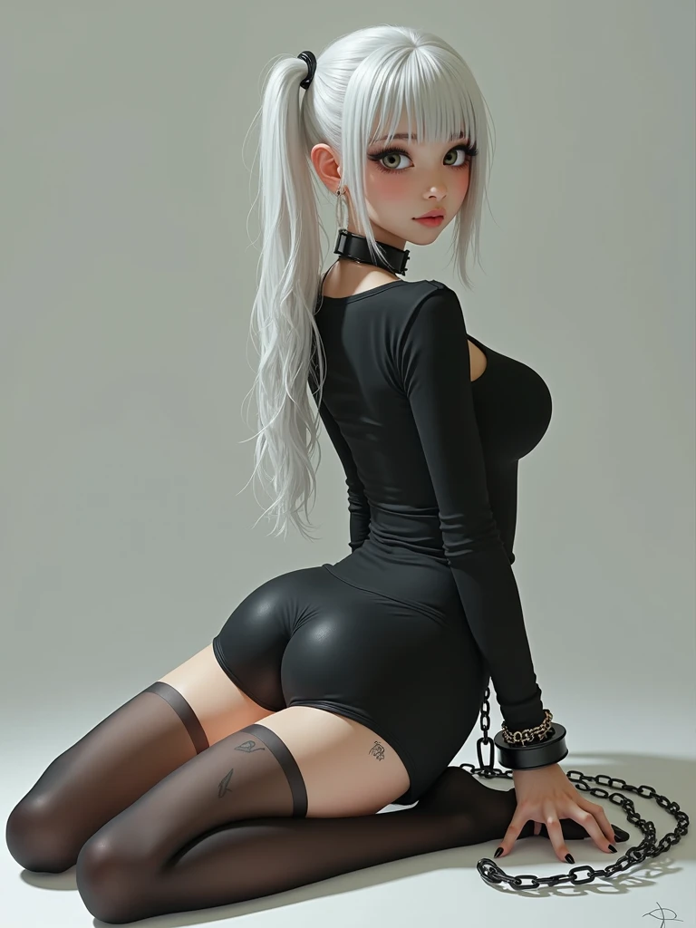 black pencil skirt, black long sleeve top, nude navel,Put your hands behind your back,restraints, white hair, Very long hair, straight hair, Cute, slender body, thin legs, Black thigh high stockings, Nylon stockings, hands in black leather handcuffs, hands, Connected by a chain, amrs togather, masochistic, whole body, on the knees, leather handcuffs, tattoo on the legs, large collar around the neck, 18 years, long eyelashes, mascara, cute face, Older, top to bottom bottom to top, hands behind your back, on the knees, submissive look, on a leash