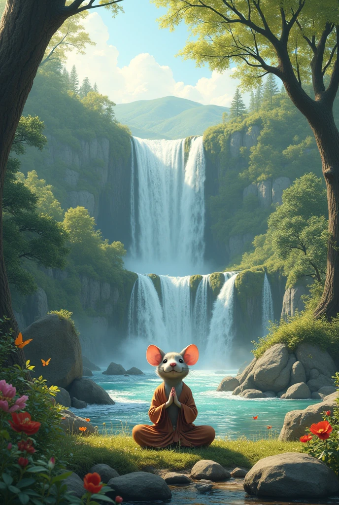 In a landscape frame 
A religious rat meditating near a water fall surrounded with beautiful landscape 