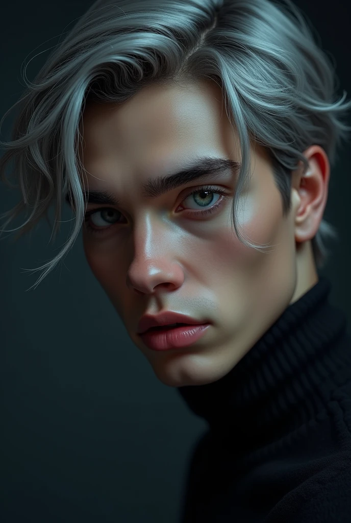 a young man with medium-length gray hair, an exposed forehead, and heterochromia, with a gray right eye and a violet left eye inherited from his parents, semi-realism, (best quality,4k,8k,highres,masterpiece:1.2),ultra-detailed,(realistic,photorealistic,photo-realistic:1.37),digital painting,portrait,dramatic lighting,chiaroscuro,moody colors,cinematic,intricate details,sharp focus,highly detailed face,piercing gaze,intense expression,elegant hairstyle,smooth skin,beautiful eyes,alluring