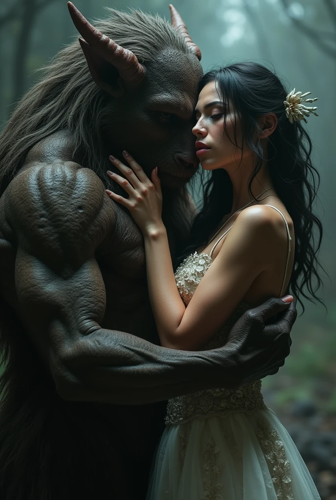 horror , (beauty and bestiality) , beautiful woman , (with ugly beast) , moist thin eyes , glossy lips , Swollen cheeks , heart is beating fast , elegant dress , Devour each other like beasts