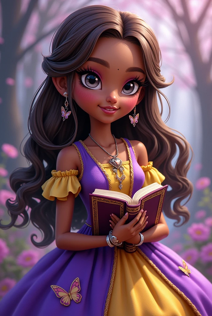 Imagem da filha da Cerise Hood e da Cedar Wood de Ever After High: You must have straight, wavy brown hair with white highlights and braids, dark brown skin, gray eyes, purple dress with white on top and yellow with purple on the bottom, wolf pendant, wolf earrings, elements of butterflies on clothes and holding a book of fairy tales