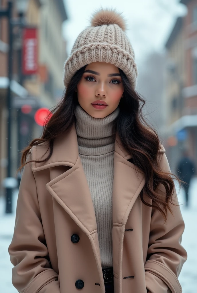 professional portrait photograph of a gorgeous indonesian woman in winter clothing with hijab, sultry flirty look, gorgeous symmetrical face, cute natural makeup, wearing elegant warm winter fashion clothing, standing outside in snowy city street, stunning modern urban environment, ultra realistic, concept art, elegant, highly detailed, intricate, sharp focus, depth of field, f/1. 8, 85mm, medium shot, professionally color graded, bright soft diffused light, volumetric fog, trending on instagram, ultra high definition, 16k resolution