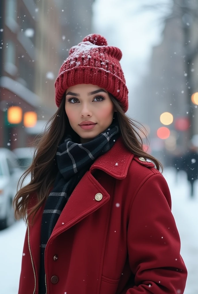 professional portrait photograph of a gorgeous indonesian woman in winter clothing with hijab, sultry flirty look, gorgeous symmetrical face, cute natural makeup, wearing elegant warm winter fashion clothing, standing outside in snowy city street, stunning modern urban environment, ultra realistic, concept art, elegant, highly detailed, intricate, sharp focus, depth of field, f/1. 8, 85mm, medium shot, professionally color graded, bright soft diffused light, volumetric fog, trending on instagram, ultra high definition, 16k resolution