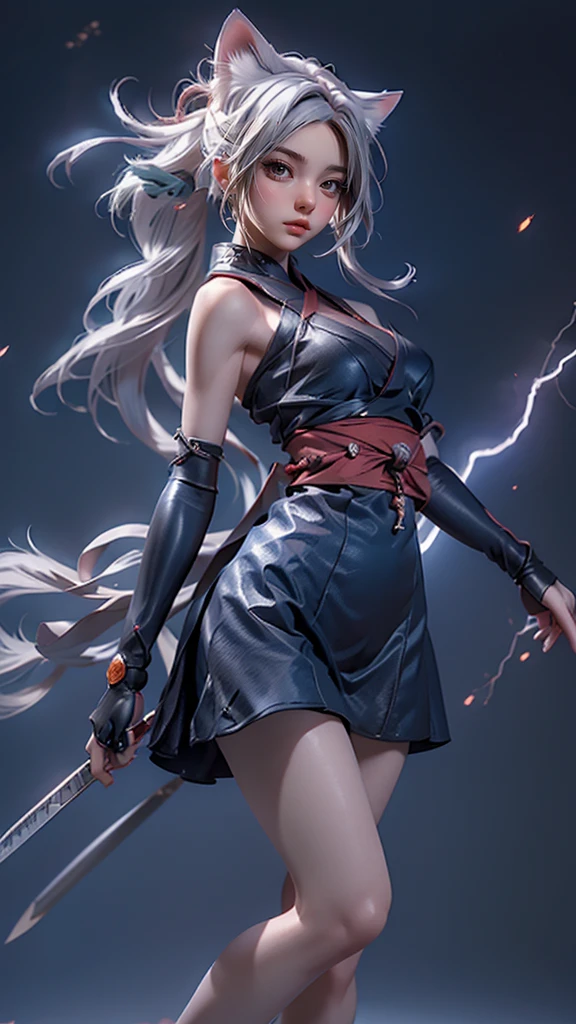 Moisturized Skin, (Red eyes), Realistic body, (Adult female body), Energetic, (), (),3DCG,
break,
Bright red lipstick, (Beautiful belly button), (Silver Hair), ((Cat ear)), Beautiful Hair, (Hatake Kakashi's clothes: 1.3),
break,
((masterpiece + Highest quality + High resolution + Very detailed)), (whole body: 1.2), Symmetric, One shot,
break,
(Electric shock), (The wind is blowing), (Blue electricity), (Combat Ready: 1.4),
break,
(Big Japan sword), Ninja, In the mansion, assassination, cut, Kunai, Fantasy, dynamic,