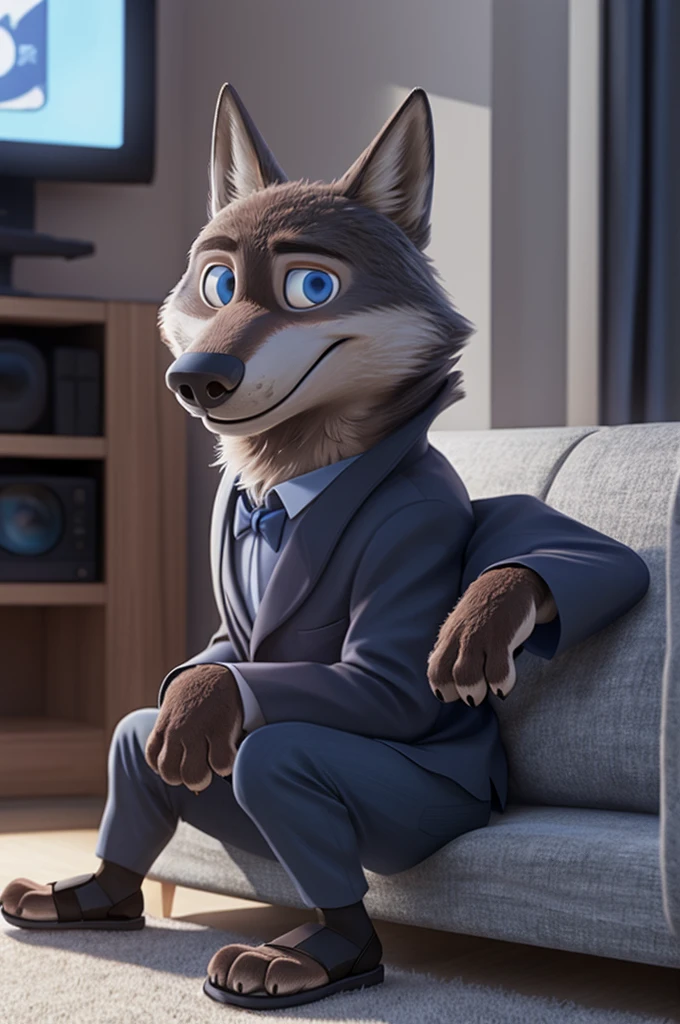 Larry (Zootopia), wolf, gray fur, (brown body:1.3), beautiful blue eyes, Zootopia, dressed,black jacket,White shirt,black pants,sandals, red bow tie,canine,wolf, detailed fur, Male, paw pads, finger claws,looks at the viewer, 5 fingers, paws, 4 toes,Houses сидит смотрит, television, sofa apartment,
BREAK from nextel, for dating, by xenoforge, (difficult, high detail,digital photography, soft focus, RAW, close to the camera, smile, positive, Good, mood, Houses, looks at the viewer, очень close to the camera,photorealism, realistic, photorealistic,digital style, subsurface scattering,очень close to the camera
шедевр, Best quality, ultra realistic, 8 thousand.)