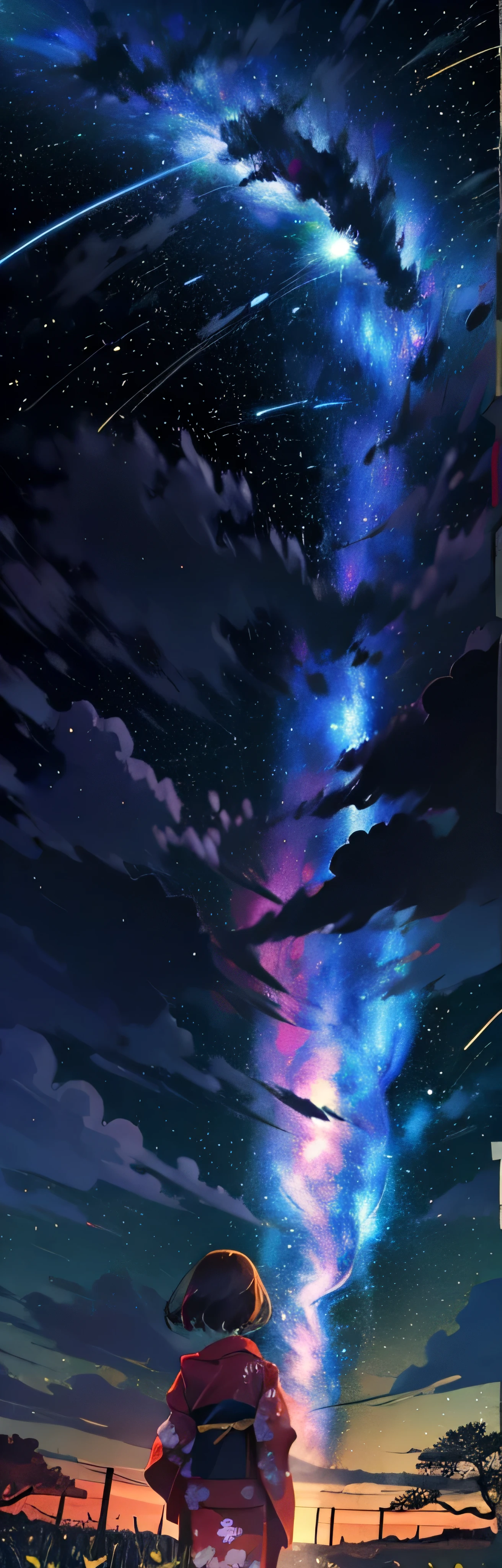 1girl, distant girl wearing a kimono staring at the stars, (zoomed out:1.1), (meteor shower:1.2), (comet:1.1), your name, low angle, from behind, aroura borealis, shooting star, yukata, red kimono, cherry blossoms, standing in a field,best quality, masterpiece, cloud,colorful, starry,stars,
