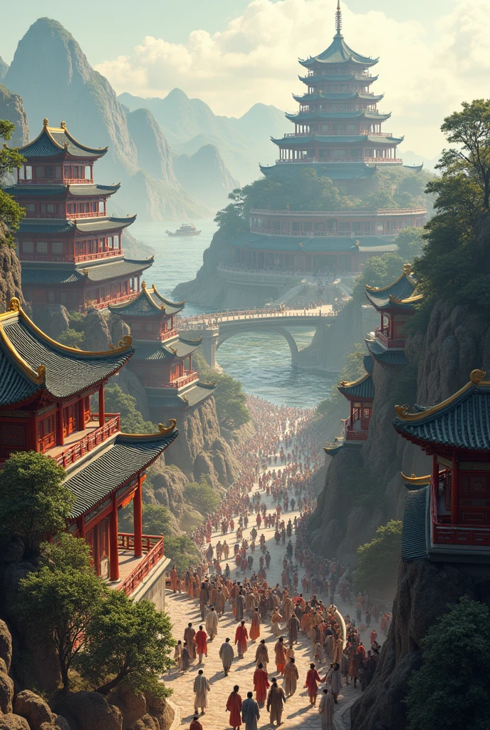 Grand view of ancient Chinese civilization, advanced architecture, people, UHD, cinematic realism.