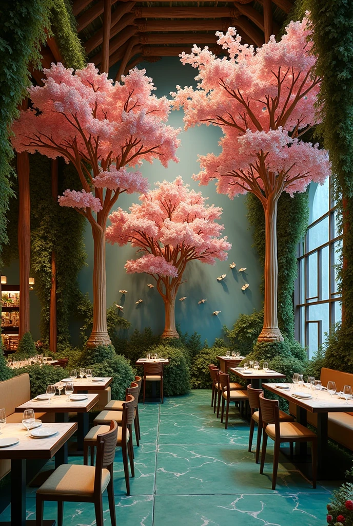 Jungle theme resturant with wall sculptures with cherry blossom trees sculpture on pillars