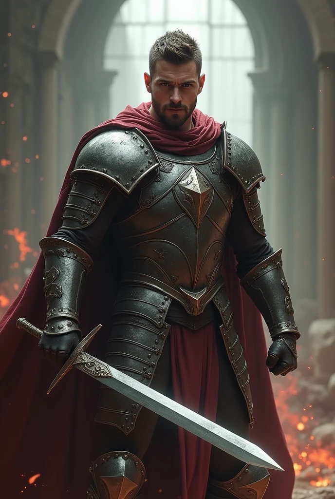 a man with a dashing face and dashing body posture holding a sword in his left hand then his right hand clenched into a fist, preparing to fight and wearing armor