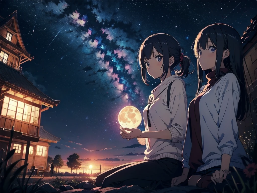 masutepiece, 4K, Anime girl looking at the sky, midnight sky, There are many stars in the sky, Beautiful sky, Beautiful Girl, Night, Beautiful world, Dark