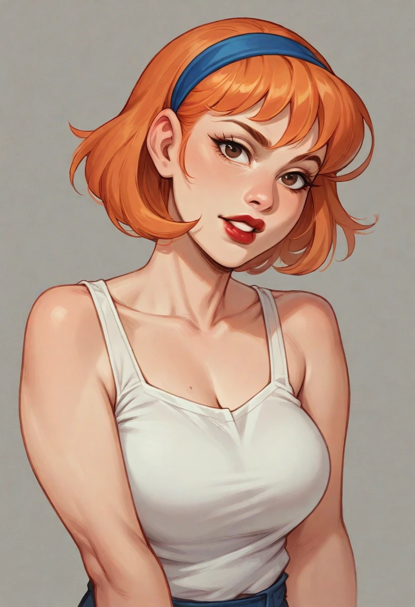 white female with short orange hair and blue headband in her hair, thick red lips and big brown eyes.