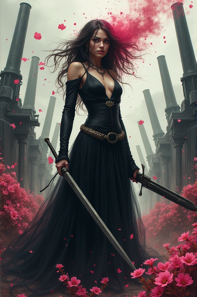 Woman in people's minds with knife, canons, pinks