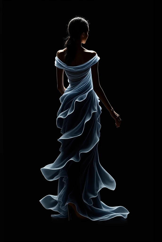 Create a dress according to that image, The white thing below is a white transparent fabric, The blue is waves of sky blue fabric that are not very wide.