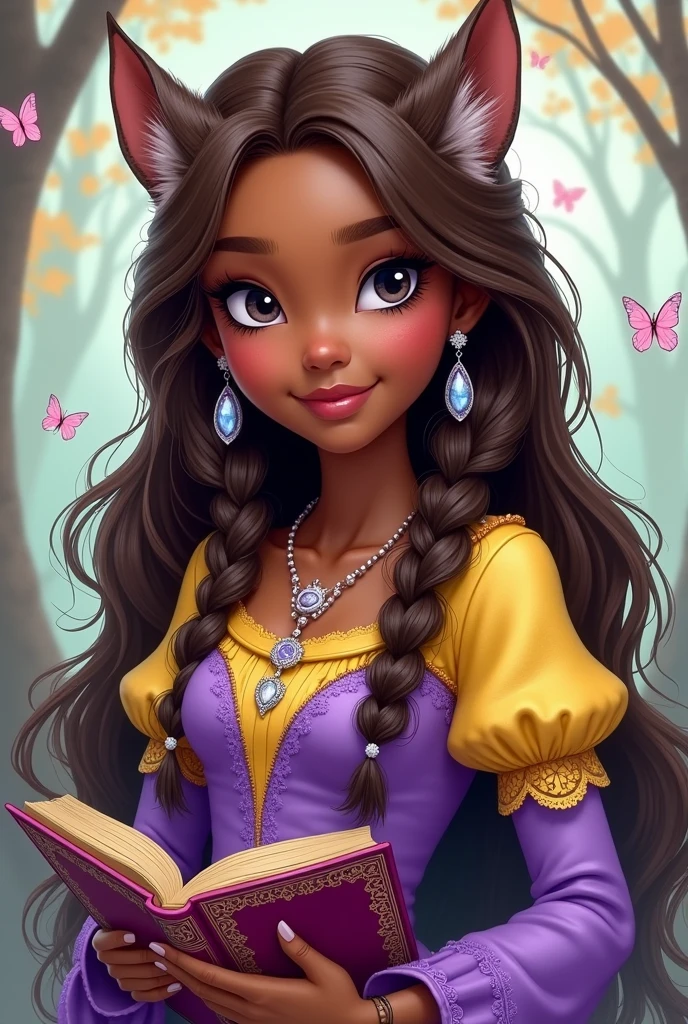 Imagem da filha da Cerise Hood e da Cedar Wood de Ever After High: You must have straight, wavy brown hair with white highlights and braids, dark brown skin, gray eyes, purple dress with white on top and yellow with purple on the bottom, wolf pendant, wolf earrings, elements of butterflies on clothes and holding a book of fairy tales