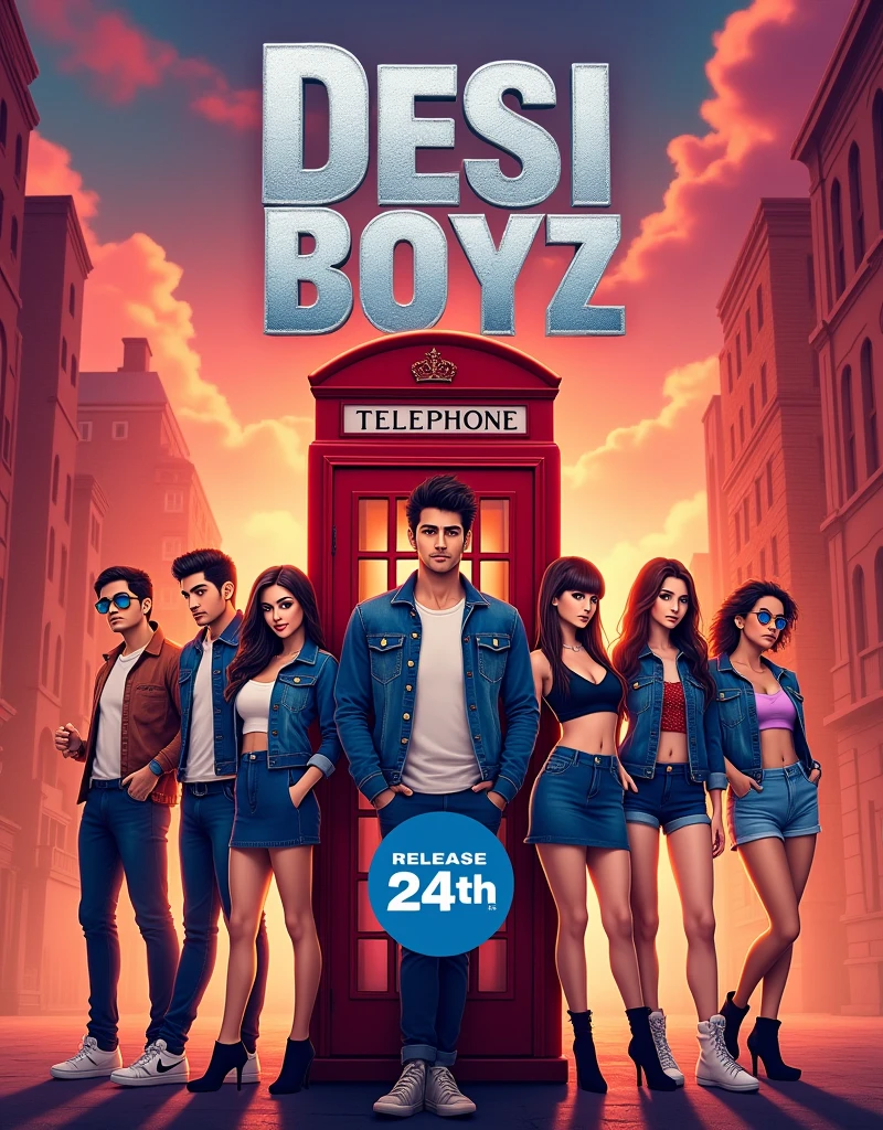 Create a anime style landscape Poster. Promotional poster for the movie 'DESI BOYZ'. The layout features a vibrant red city background with a classic British telephone booth in the center. The title 'DESI BOYZ' is prominently displayed at the top in large, bold, metallic silver letters. Below the title, there is a release date announcement in a blue circular badge stating 'Releasing 24TH AUGUST'. The poster showcases six individuals, all dressed in various denim outfits. The individuals are positioned around the telephone booth, with three men and three women. The man on the left wears sunglasses and a denim jacket, while the woman next to him is in a denim crop top and shorts. The central woman is seated, wearing a denim dress. The man on the right is leaning against the booth, also in denim, and the woman above him is in a denim bralette and shorts. All individuals have fair to medium skin tones and are styled with modern, fashionable looks.