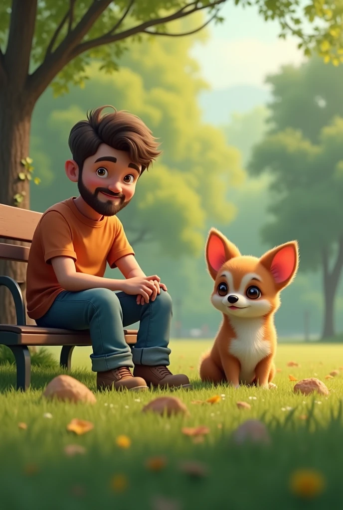 a chihuahua dog with a man in a park, cute dog, realistic, detailed fur, detailed eyes, detailed nose and mouth, man wearing casual clothes, sitting on a bench, park with trees and grass, natural lighting, vibrant colors, highly detailed, photorealistic, 8k, masterpiece, (best quality,4k,8k,highres,masterpiece:1.2),ultra-detailed,(realistic,photorealistic,photo-realistic:1.37)