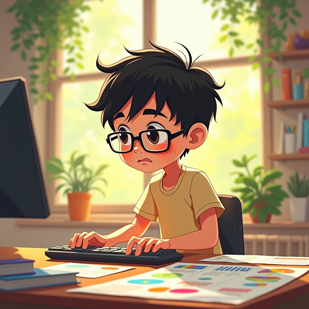 Cartoon Style,Summer Lights,In the dappled sunlight,Anime mid-shot,Short hair Asian boy square frame glasses flashing,Sweat drops,Focus on the keyboard,Fast finger dance,Colorful PPT drafts cover the desktop,Medium shot
