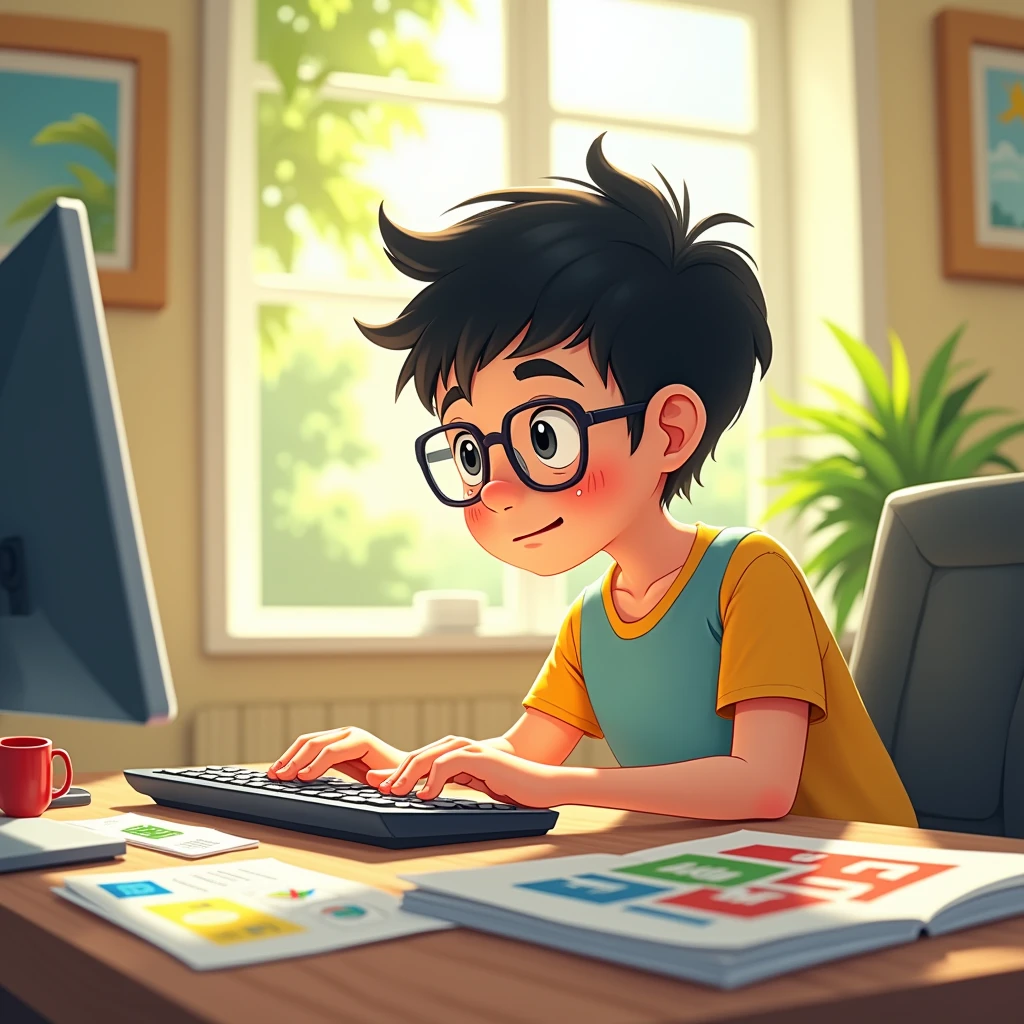Cartoon Style，Summer Lights，In the dappled sunlight，Anime mid-shot，Short hair Asian boy square frame glasses flashing，Sweat drops，Focus on the keyboard，Fast finger dance，Colorful PPT drafts cover the desktop，Medium shot