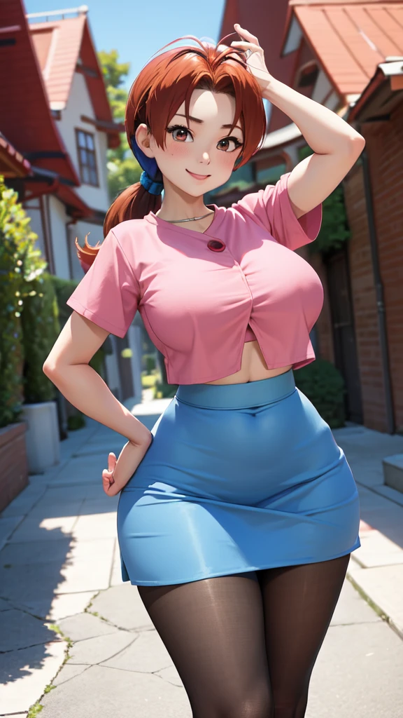 masterpiece, best quality, pkmnDelia, ponytail, pink shirt, ((microo-blue skirt)), pantyhose,smile, upper body, large breasts, house, blue sky,(full body),((wide hips))