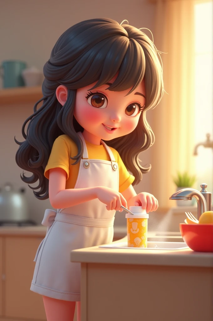 18+young girl Utensil wash in kitchen ai 3d image cartoon type