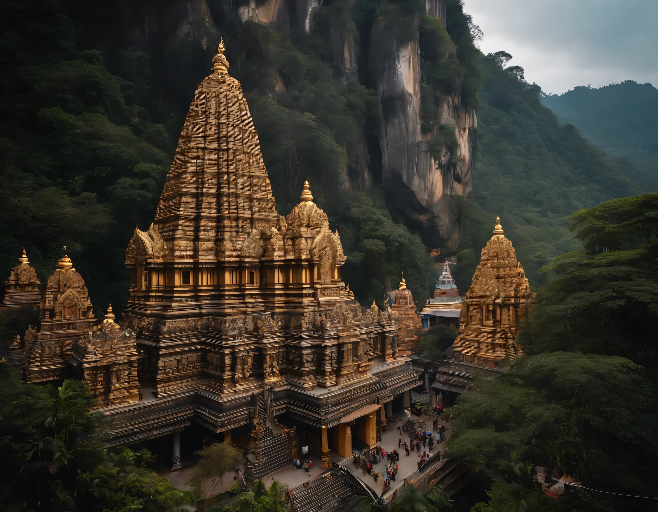 a highly detailed photo-realistic landscape of Batu Caves Murugan Temple in Malaysia, crowded scene, morning natural lighting, ultra-detailed, 8k, photorealistic, realistic, masterpiece