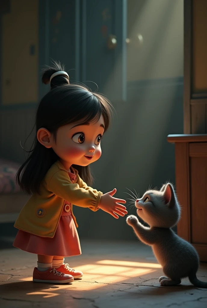 With a 3d Pixar Animation,A with wide, curious eyes, gently reaching out her hand toward a gray tabby cat inside a dimly lit, abandoned room. The cat cautiously rubs her head against the girl’s fingers, beginning to trust