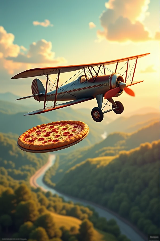 Monoplane carrying pizza behind it