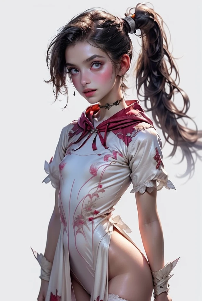 ((best quality)), ((masterpiece)), (detailed), perfect face (((masterpiece, of the highest quality, super detailed))), hand drawn style, hand painted style, watercolour, sketch, a knight, white background, plain background, Bloodborne inspired, tatty Bloodborne attire, occult aesthetic, occult, tatty red and white clothing detailed and intricate steampunk and detailed gothic ta (with a hood), long coat, Complex laced boots, Fluttering lace flared long knee length dress with frilly petticoats, long dress, knee length dress, pleated petticoats, loliress, petticoats gothic lolita aetic, beautiful small breasts, (((flat chest:1.1))), (((( Highly detailed face))), small thin nose, Small thin lips mouth, (((Very sharp focused eyes))), Very large slit precision pale grey eyes that shine like jewels. (looking here), (resolved expression), (resolute expression), ((dark hair)), ((long ponytail, thick ponytail, heavy ponytail)), very long eyelashes, white background, Very dramatic and cinematic lighting, tatty damaged old red and white clothing, full body, whole body, body, ((NSFW))