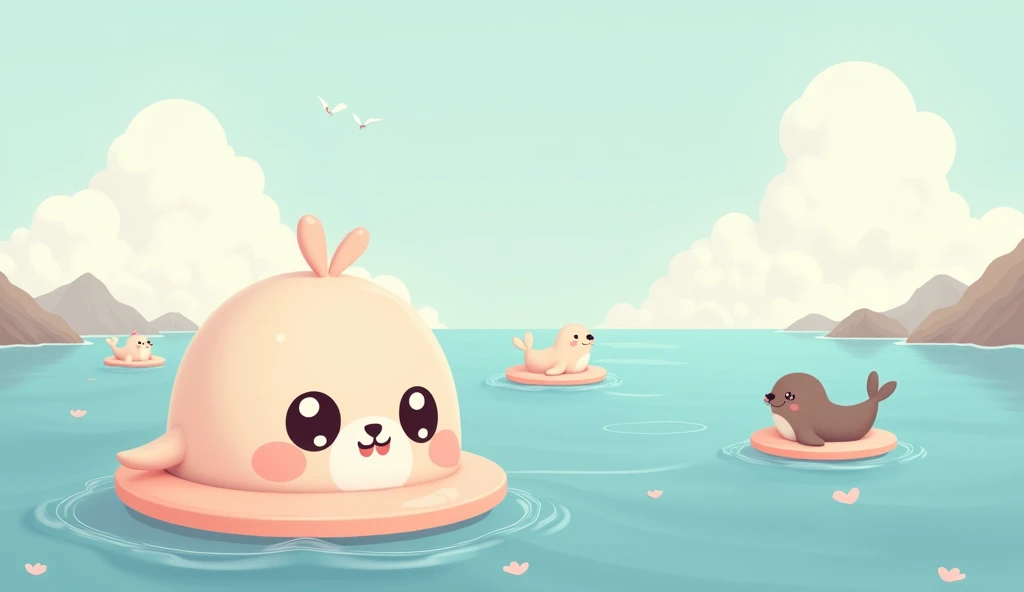 2d, Simple and cute, with gentle colors like a picture book , 8k, Highest quality,cute,Big anime eyes,Cute seals on swim rings float by from beyond the horizon.,mascot