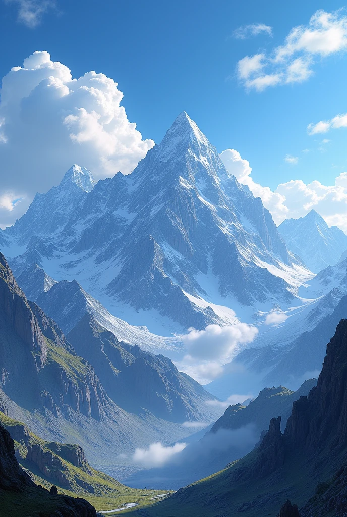 (photorealism:1.2), black gray mountains, blue sky, clouds foamy white, beautiful nature, realistic