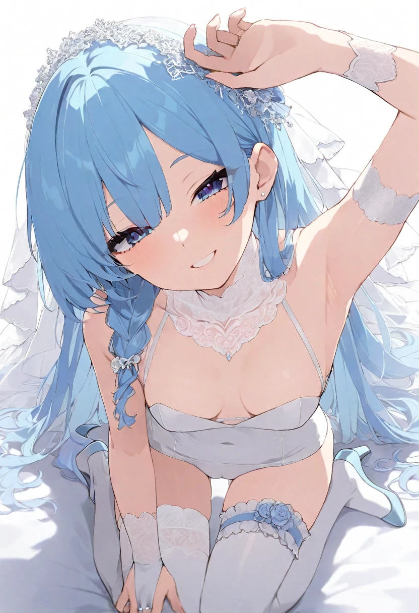 (muste piece), (best quality), (score_9, score_8_up, score_7_up), very detailed eyes, expressive eyes, perfect face, very detailed face, highly detailed face, beautiful girl, 8K, beautiful girl, (white background:1.3), delicate and beautiful face and eyes, dark intense shadow, 1 girl, solo, vtuber style, cool girl, hololive, vtuber, HoshimachiSuisei, blue hair, long hair, blue eyes, see-through:bride, bridal veil, bridal gauntlets, wedding dress, bridal garter, bridal legwear, white thighhighs, stiletto heels, cameltoe, small chest, soft chest, cleavage, clavicle, half-closed eyes, (full body), half-closed eyes, smile, lying on bed, arm on forehead, pov crotch,