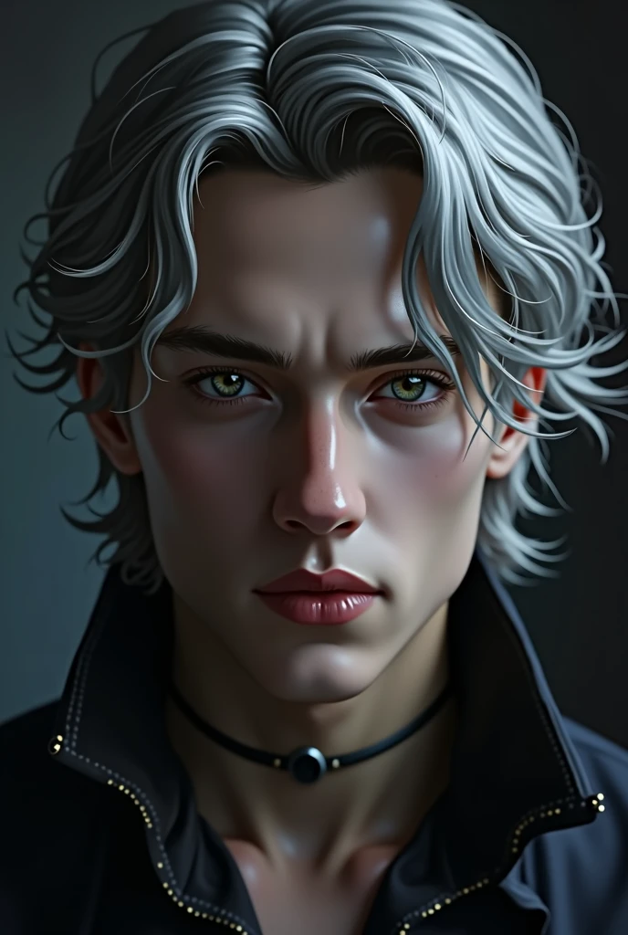 a young man with medium-length gray hair, an exposed forehead, and heterochromia, with a gray right eye and a violet left eye inherited from his parents, semi-realism, (best quality,4k,8k,highres,masterpiece:1.2),ultra-detailed,(realistic,photorealistic,photo-realistic:1.37),digital painting,portrait,dramatic lighting,chiaroscuro,moody colors,cinematic,intricate details,sharp focus,highly detailed face,piercing gaze,intense expression,elegant hairstyle,smooth skin,beautiful eyes,alluring