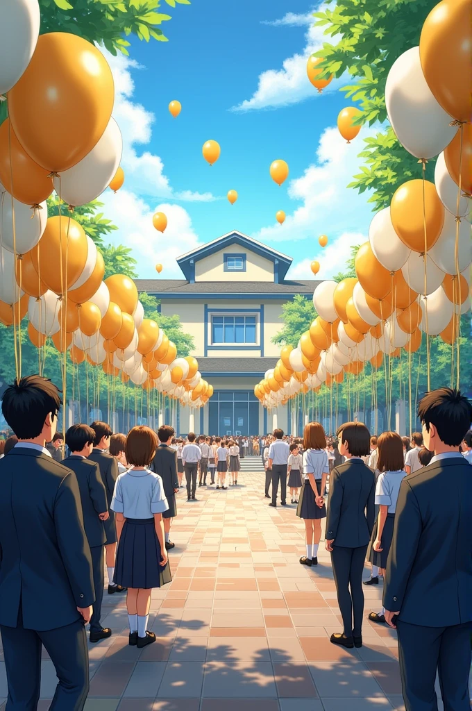 The 36th general school is celebrating the first bell. The school is decorated with gold and white balloons..