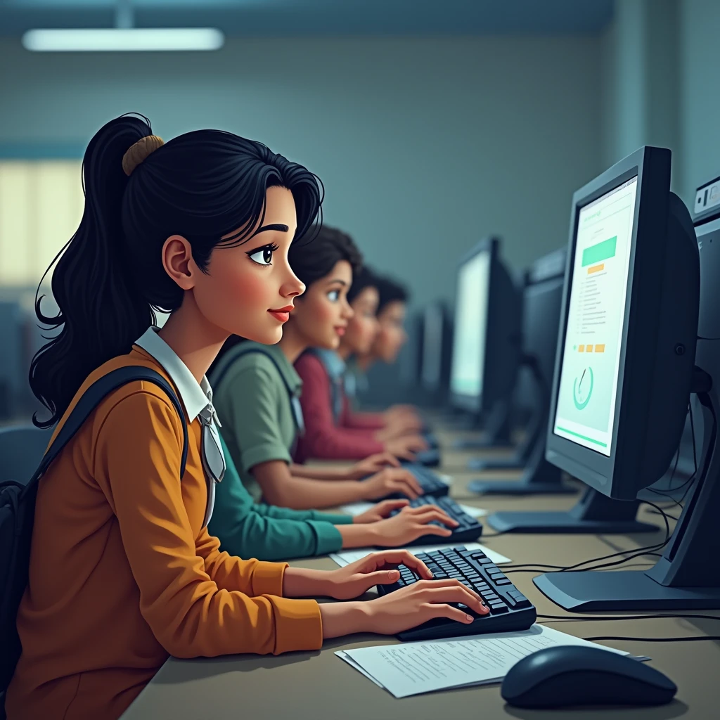 Indian Students are working on computers in computer coaching centre,  face should be front face