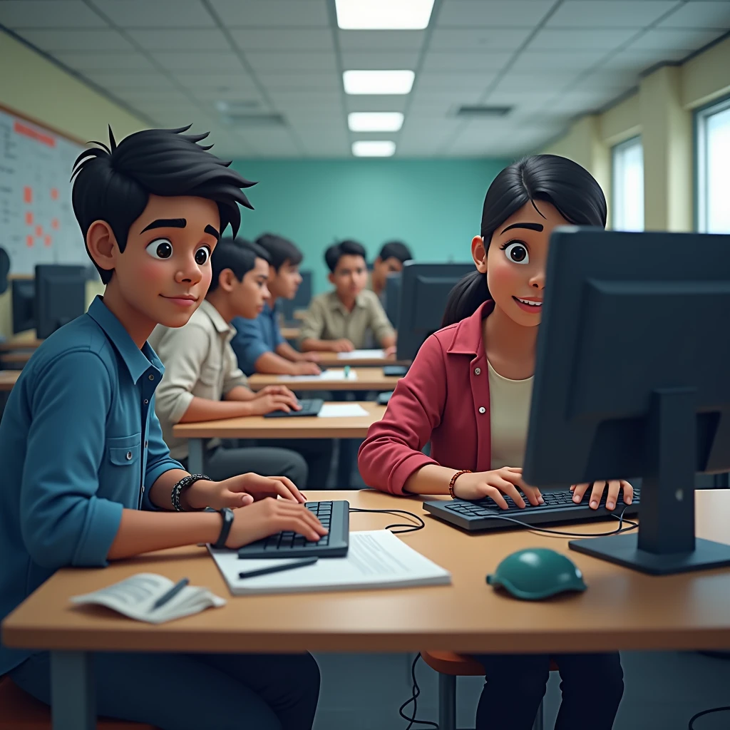 Indian Students are working on computers in computer coaching centre, face should be front face