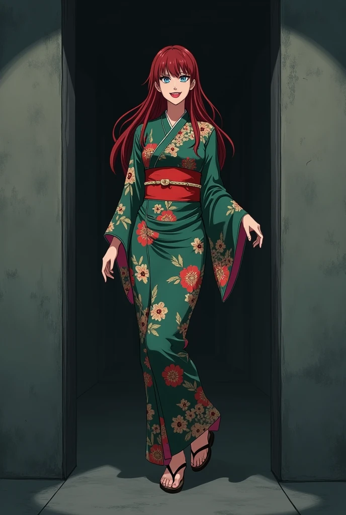 The image is anime style with shadows and dim lights, anime style although somewhat adult and dark, In it appears a single adult woman of 40 years old, she has blue eyes and wears a beautiful oversized green and red yukata.; He also wears sandals. She has very long and loose hair., dark red. She looks calculating and shrewd.. The background of the image is a grey wall. She is the antagonist of the story, smiles sinisterly.