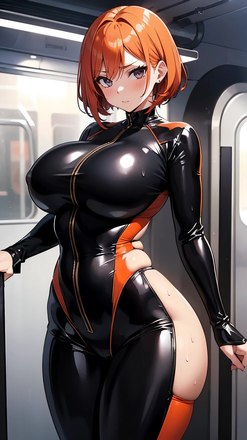 A woman wearing a black latex jumpsuit poses for a photo on a train, This woman has short orange hair, tight suit, black latex suit, Large , Biggest Breastsbreasts, Tick,ass figure, thin waist, Thick buttocks, Enlarged buPelvis larger than blades, fitness model, blush, Sweat, whole body