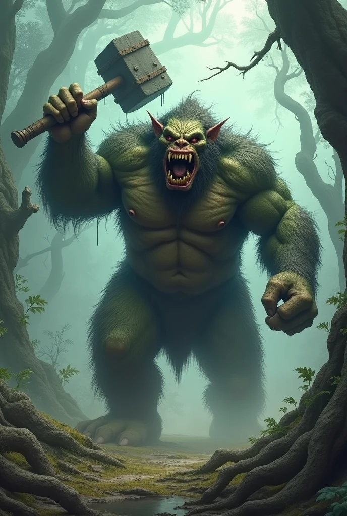 (8k, RAW photo, best quality, masterpiece:1.2), (realistic, photo-realistic:1.4), (extremely detailed 8k wallpaper), a large overweight troll with a large club storms screaming towards the viewer, fantasy setting
--chaos 100