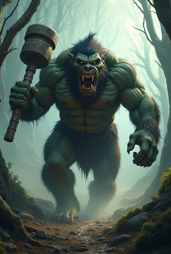 (8k, RAW photo, best quality, masterpiece:1.2), (realistic, photo-realistic:1.4), (extremely detailed 8k wallpaper), a large overweight troll with a large club storms screaming towards the viewer, fantasy setting
--chaos 100