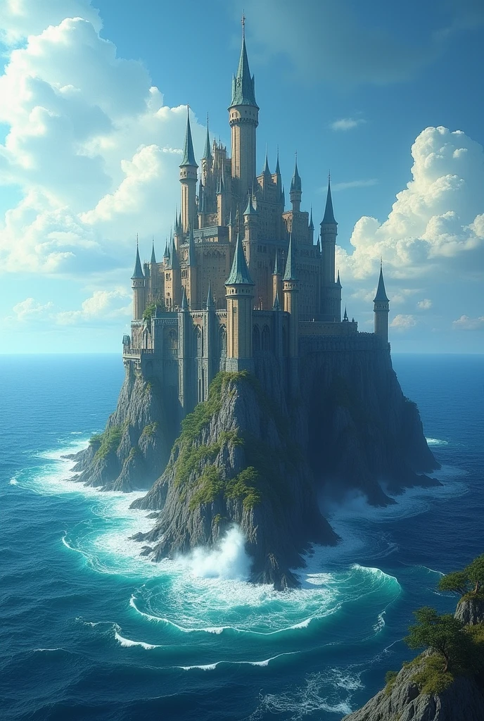 Magical castle on a hill in the middle of a deep blue ocean