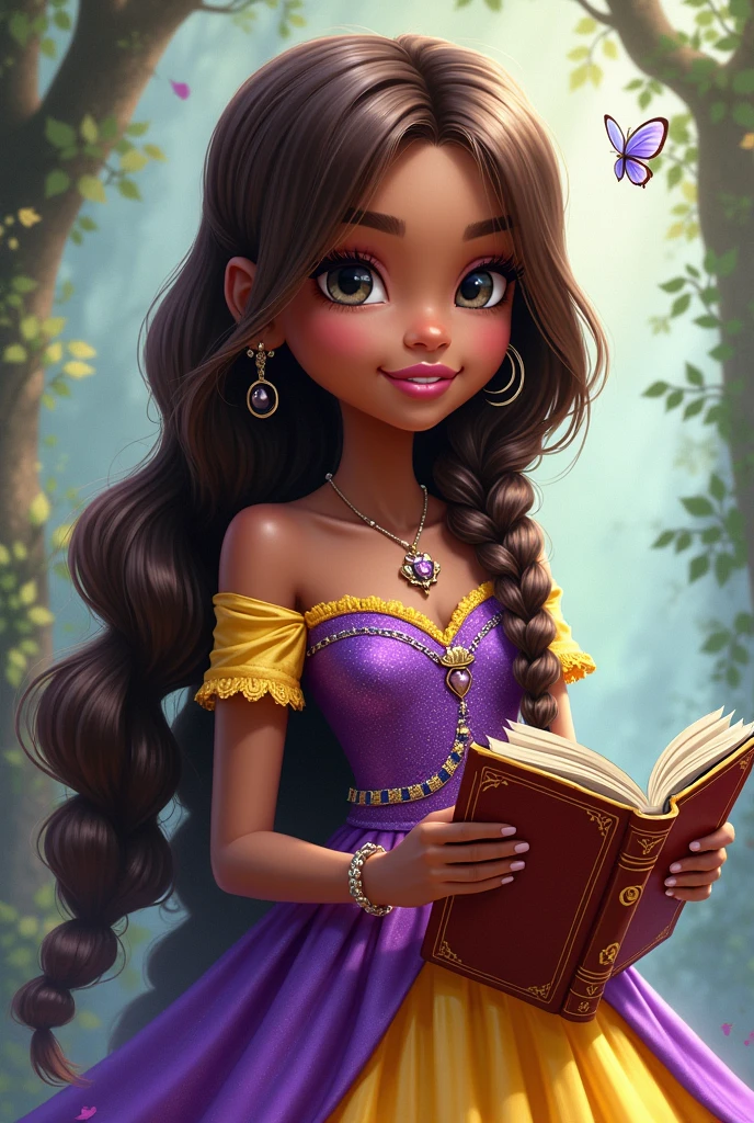 Imagem da filha da Cerise Hood e da Cedar Wood de Ever After High: You must have straight, wavy brown hair with white highlights and braids, dark brown skin, gray eyes, purple dress with white on top and yellow with purple on the bottom, wolf pendant, wolf earrings, elements of butterflies on clothes and holding a book of fairy tales