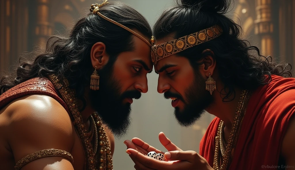 In a private chamber, Shakuni leans in close to Duryodhana, whispering into his ear. Duryodhana's face is twisted with anger and ambition, while Shakuni's expression remains composed, hiding his satisfaction. The dice are subtly visible in Shakuni’s other hand, symbolizing the manipulation at play.