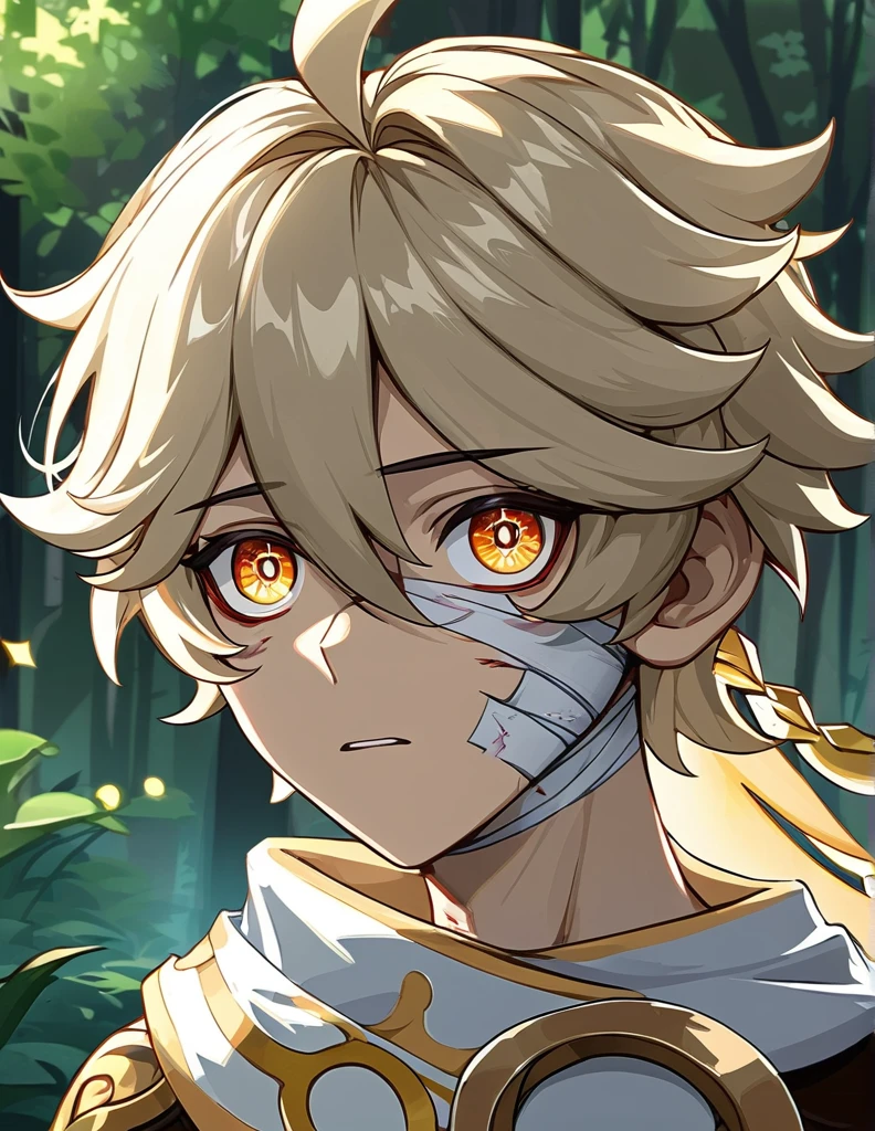 Aether (genshin impact), forest, bandages wounds, blood, intricate details, high resolution, perfect anatomy, detailed face, detailed eyes, male anatomy