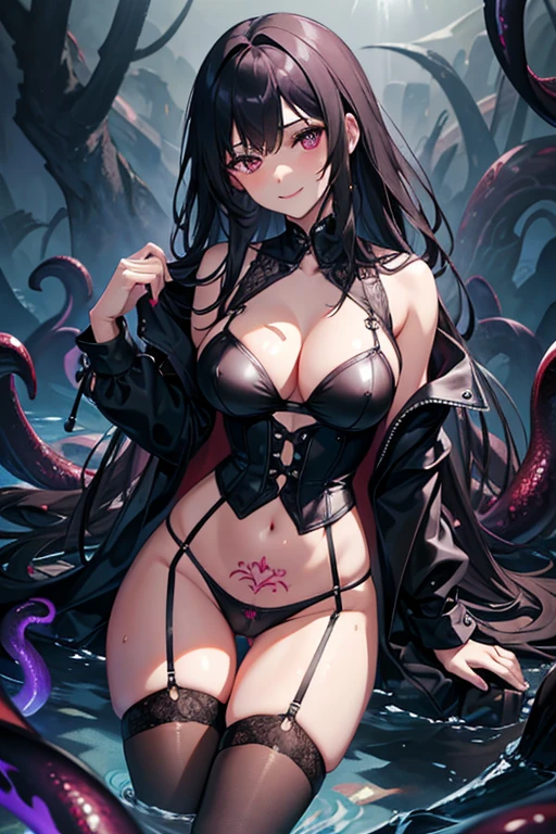 Top quality, Masterpiece, Ultra HD, RAW photography, shiny skin, wet body, dramatic lighting, dutch angle, {{black tentacles, too many tentacles}}, 1girl, breasts , seductive_smile, garter_straps, looking_at_viewer, upward_glance, show_off_cleavage, bedroom_eyes, underwear, thighhighs, panties, large_breasts, jacket, black_panties, black corset, solo, long_sleeves, black_hair, long_hair, garter_belt, black_jacket, bangs, cowboy_shot, black_legwear, black_lchoker, open_clothes, grin, leaning_forward, black_eyes, thighs, grey_eyes, bikini, thigh_gap, hand on own thigh, pubic tattoo, glowing pink tattoo,