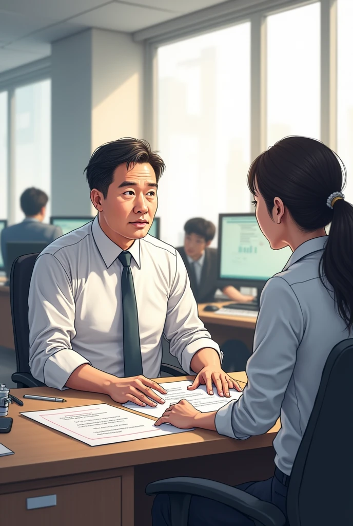 Discussing working conditions
* Atmosphere: Mr. Somchai and Ms. Pin sit at their desks and discuss working conditions
* Characters:
* Mr. Somchai explains the details of the contract
* Ms. Pin asks and asks for more information about the roles and responsibilities “Make a realistic drawing”