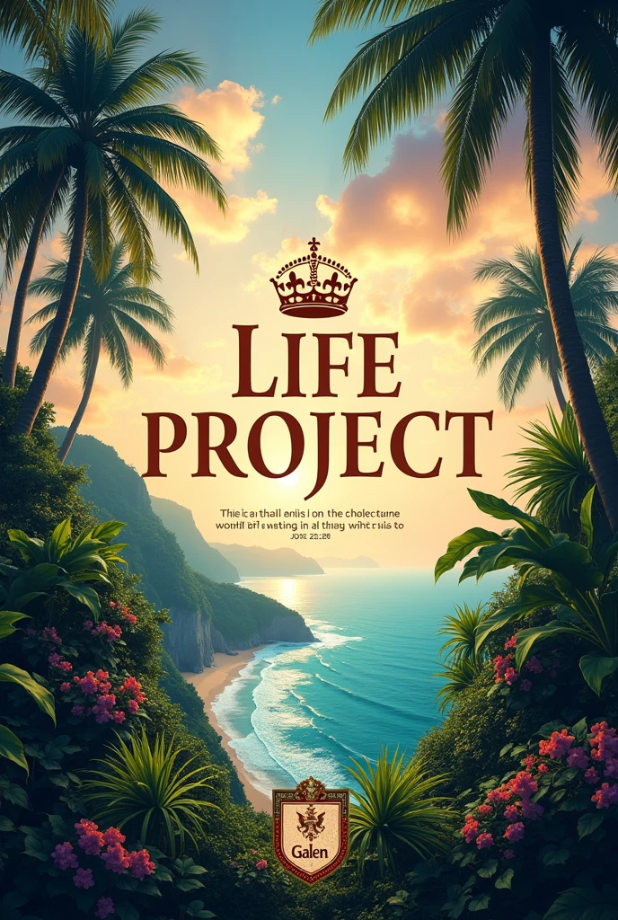 Cover of work to be printed with highlighted text: Life project and written below the verse from Job 22:28 NLT
[28] Whatever you do will work out, and the light will shine on your path.

A tropical garden on a cliff overlooking a beautiful sky in the late afternoon and a beach in the background and at the bottom a coat of arms with the word GALEN