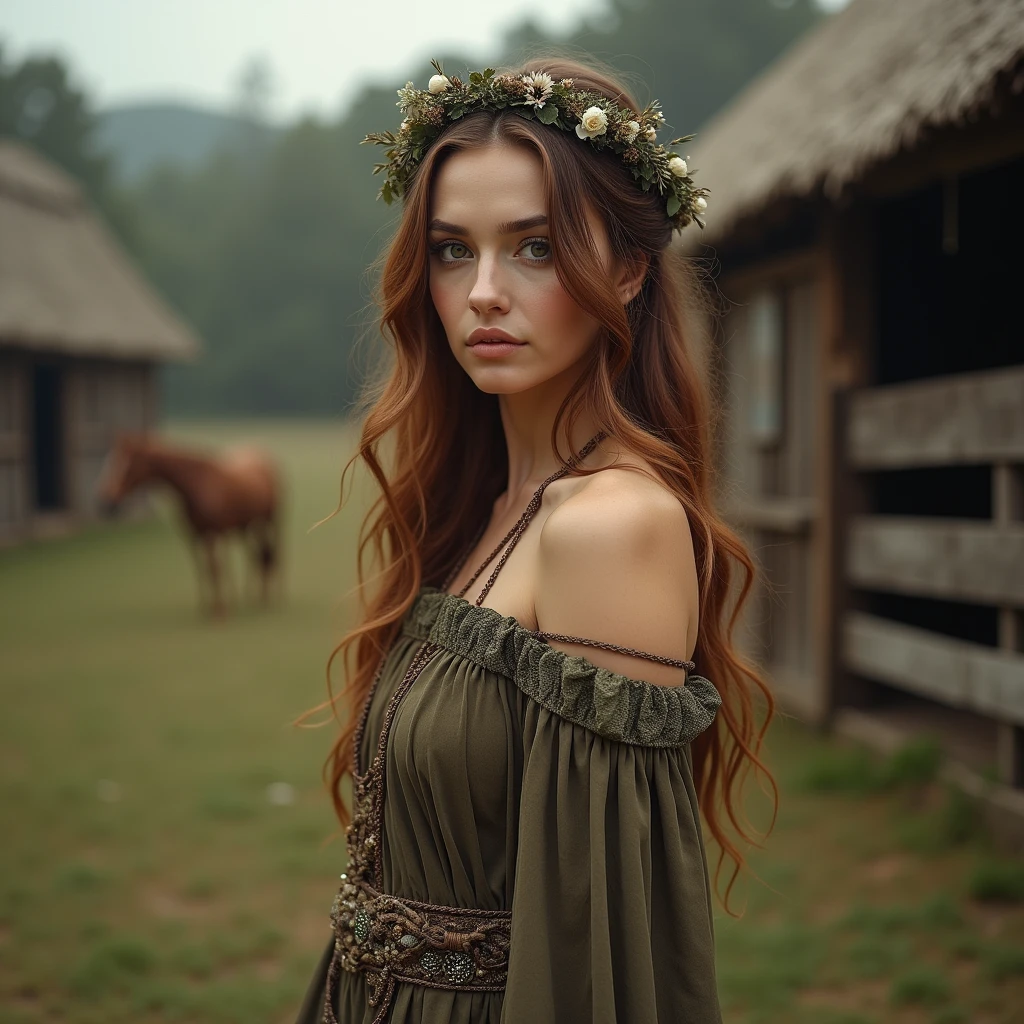 (best quality,4k,8k,highres,masterpiece:1.2),ultra-detailed, 1woman, Celtic goddess Epona, jennao, Chestnut brown hair, hazel eyes, druid gown, standing in a barnyard, motherly, posed gently, looking at viewer, seductive eyes, drawn in the style of Yoshitaka Amano, HDR, 8k, absurdres, cinestill 800, sharp focus