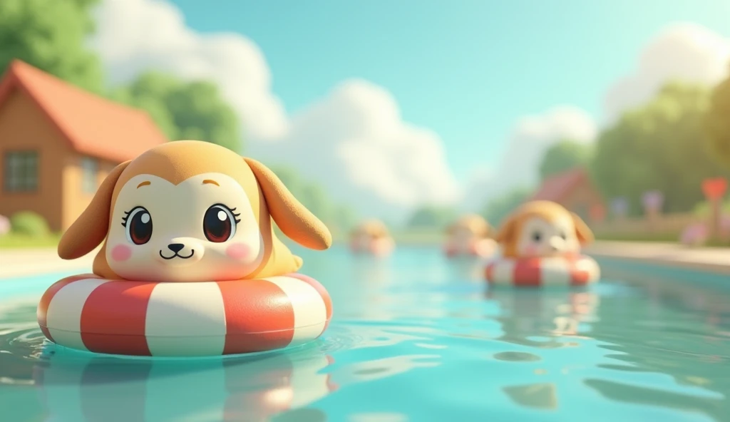 3d, Simple and cute, with gentle colors like a picture book , 8k, Highest quality,cute,Big anime eyes,Cute seals on swim rings float by from beyond the horizon.,mascot