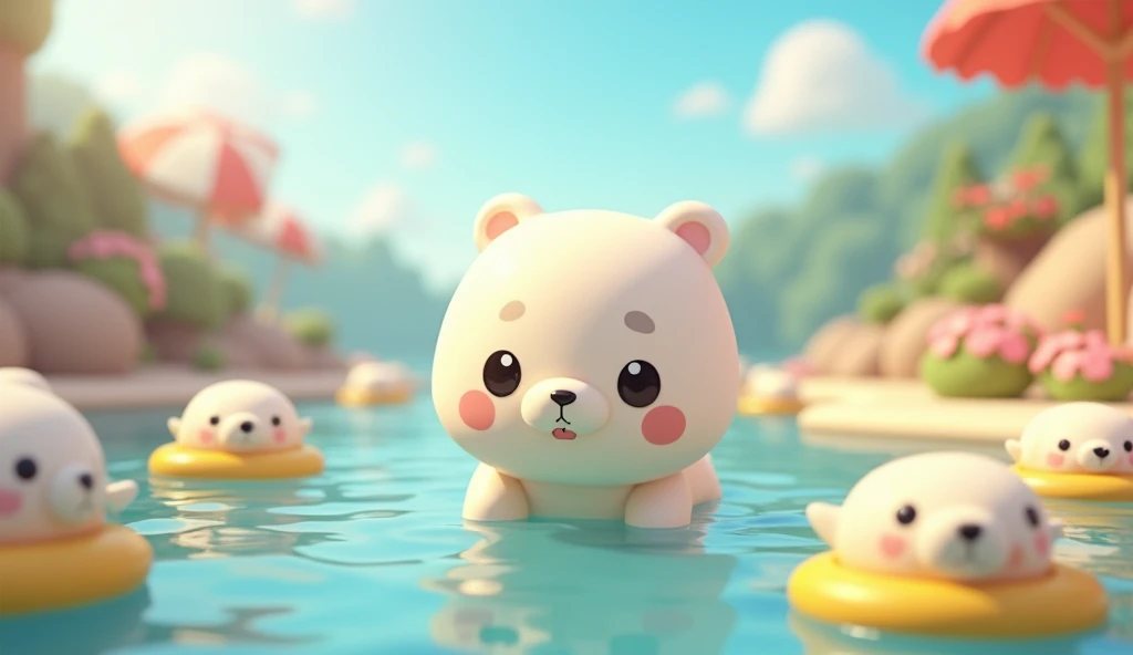 3d, Simple and cute, with gentle colors like a picture book , 8k, Highest quality,cute,Big anime eyes,Cute seals on swim rings float by from beyond the horizon.,mascot